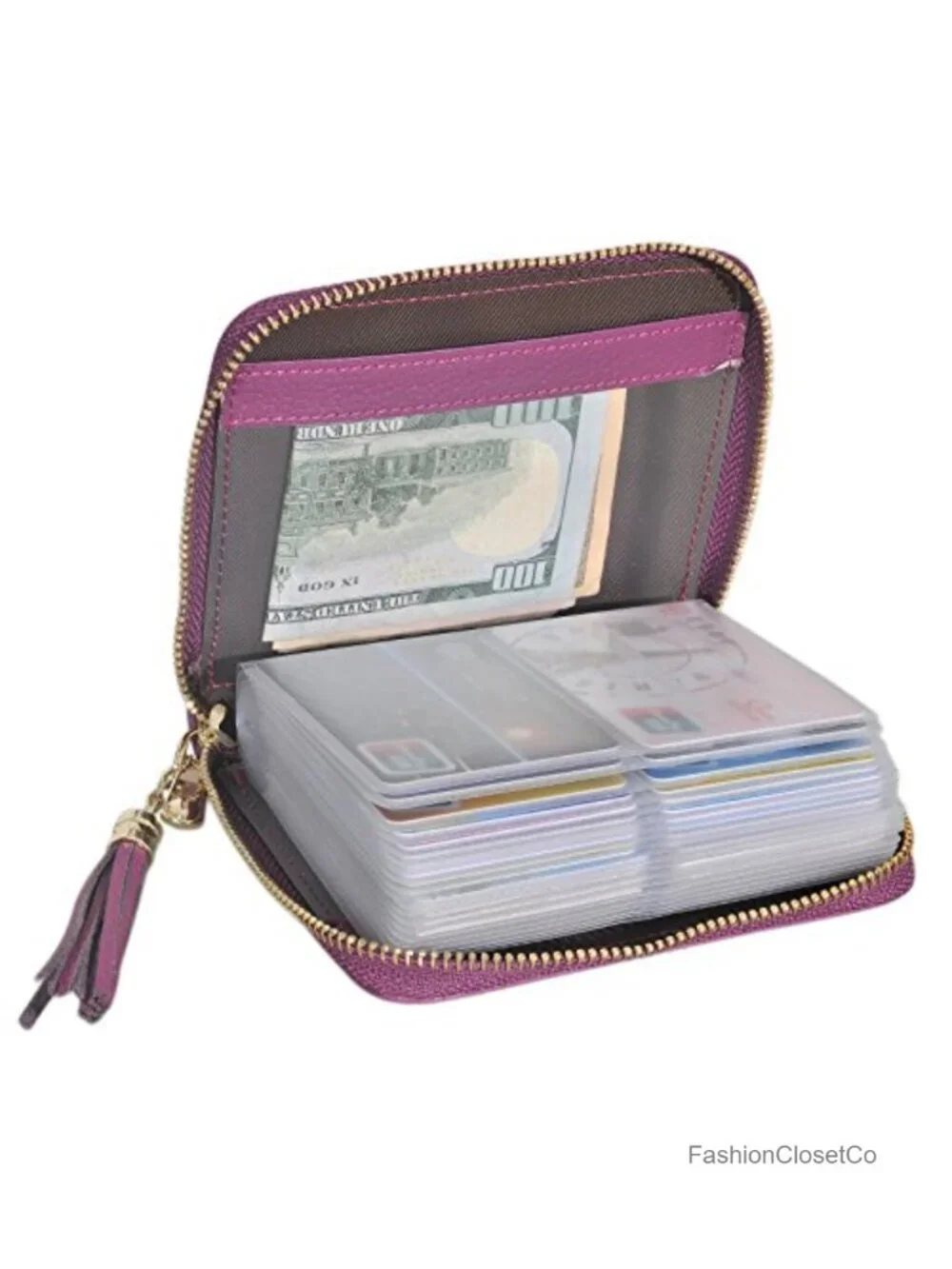Genuine Cowhide Leather RFID Blocking Zip Card Case 40 Slots